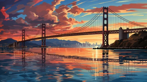 Golden Gate Bridge at Sunset: A Colorful Pixel-Art Illustration AI Image