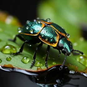 Green and Gold Beetle on Leaf - A Liquid Metal Realistic Portrait AI Image