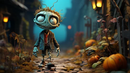 Whimsical Skeleton Strolling in a Cartoonish Town AI Image