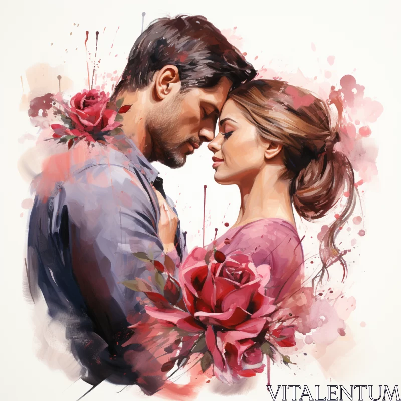 Passionate Kiss Amidst Roses: A Watercolor Love Story AI Image