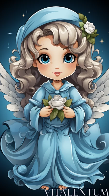 Charming Blue Angel Illustration in Kawaii Art Style AI Image