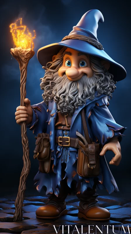 Animated Gnome with Elven Torch in Dark Blue AI Image