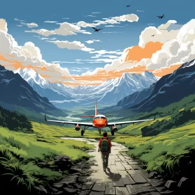 Backpacker's Journey Through Chromatic Landscape Towards Airplane AI Image