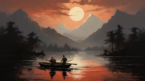 Mountain River Journey at Sunset: Flat Brushwork Digital Art AI Image