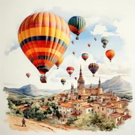 Watercolor Illustration of Air Balloons Over Town in Baroque Style AI Image