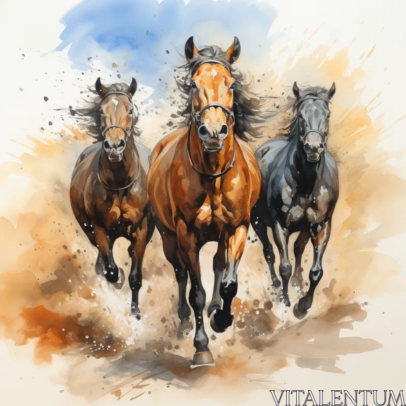 Watercolour Illustration of Running Horses in Oil Portraiture Style AI Image