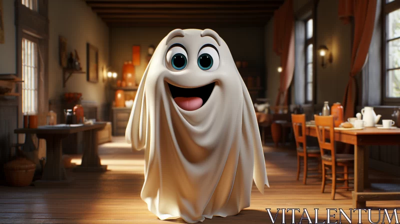 AI ART Charming Cartoon Ghost in Vintage Room - Halloween Themed Art