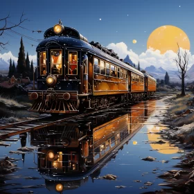 Art Nouveau Train Journey Under a Full Moon AI Image