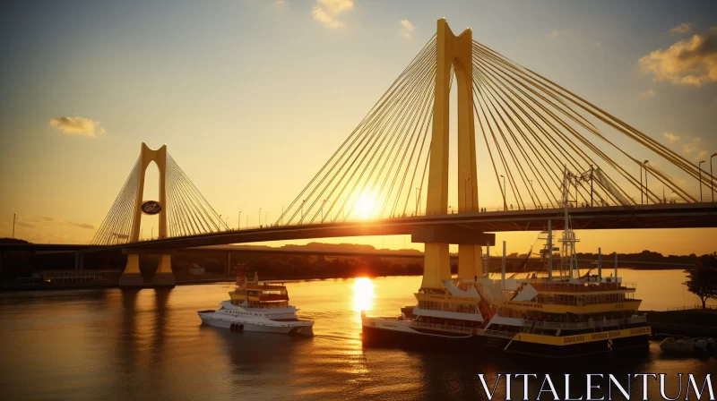 Sunset Bridge Over River - A Neo-Geo Style Artwork AI Image