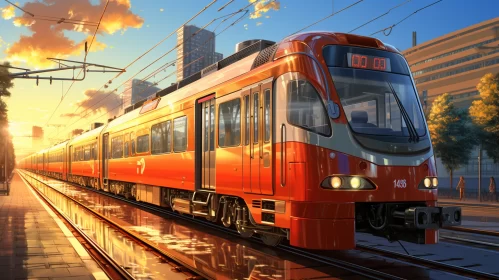 Cityscape Art: Red Train in Realistic Rendering AI Image