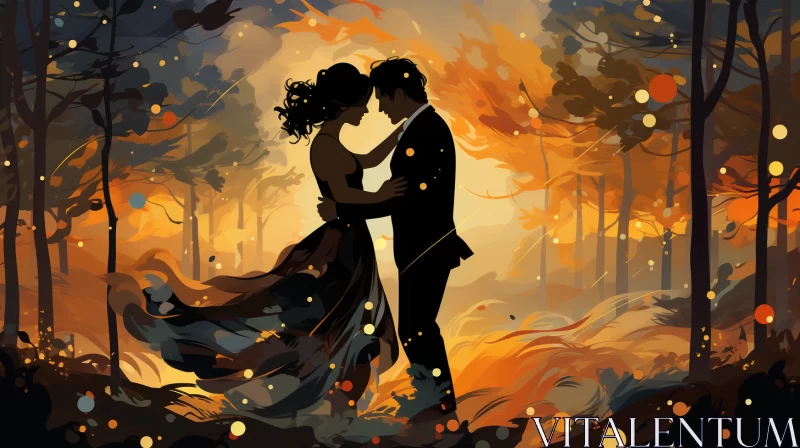 Romantic Forest: Amber-lit Love Illustration AI Image