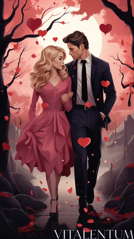 Romantic Stroll in the Forest with Hearts - Stylized Portraits AI Image