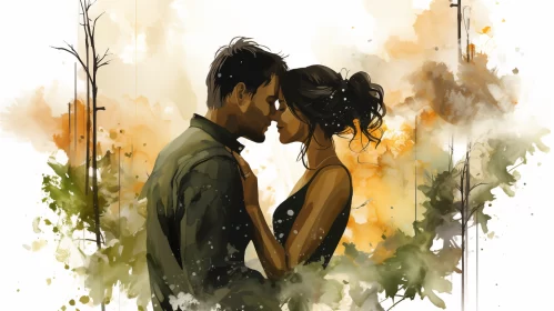 Watercolor Romance: A Post-Apocalyptic Themed Illustration of a Couple AI Image