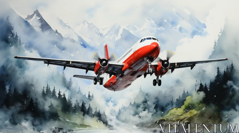 Aircraft Over Mountains: A Watercolor Realism Painting AI Image