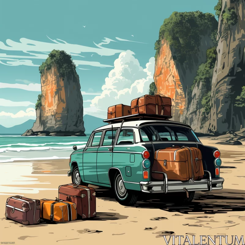 Vintage Car Journey on a Beach - A Traditional Style Painting AI Image