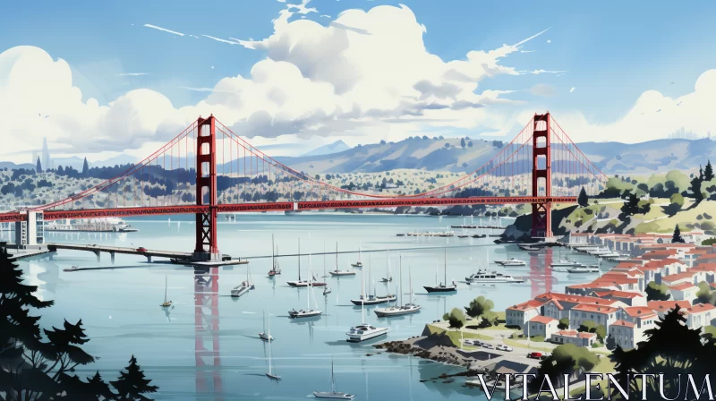 Golden Gate Bridge Illustration - Panoramic View with Boats AI Image