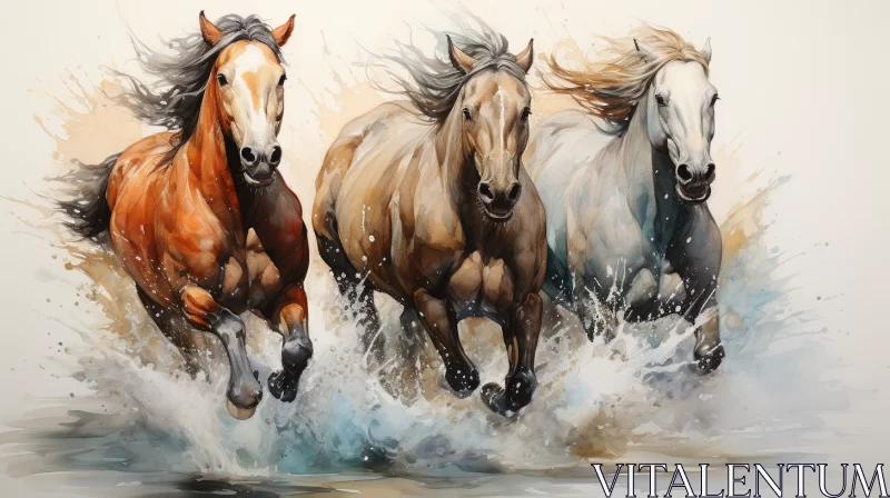 Colorful Ink Wash Painting of Horses Running Through Water AI Image