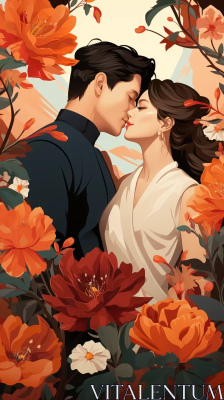 AI ART Romantic Illustration of Couple Kissing Amidst Orange Flowers