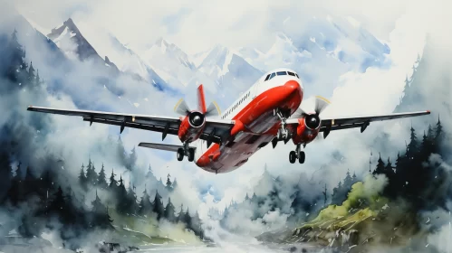 Aircraft Over Mountains: A Watercolor Realism Painting AI Image
