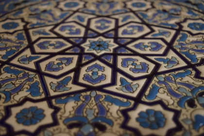 Arabic Pattern Tile: A Blend of Light Bronze, Blue, and White
