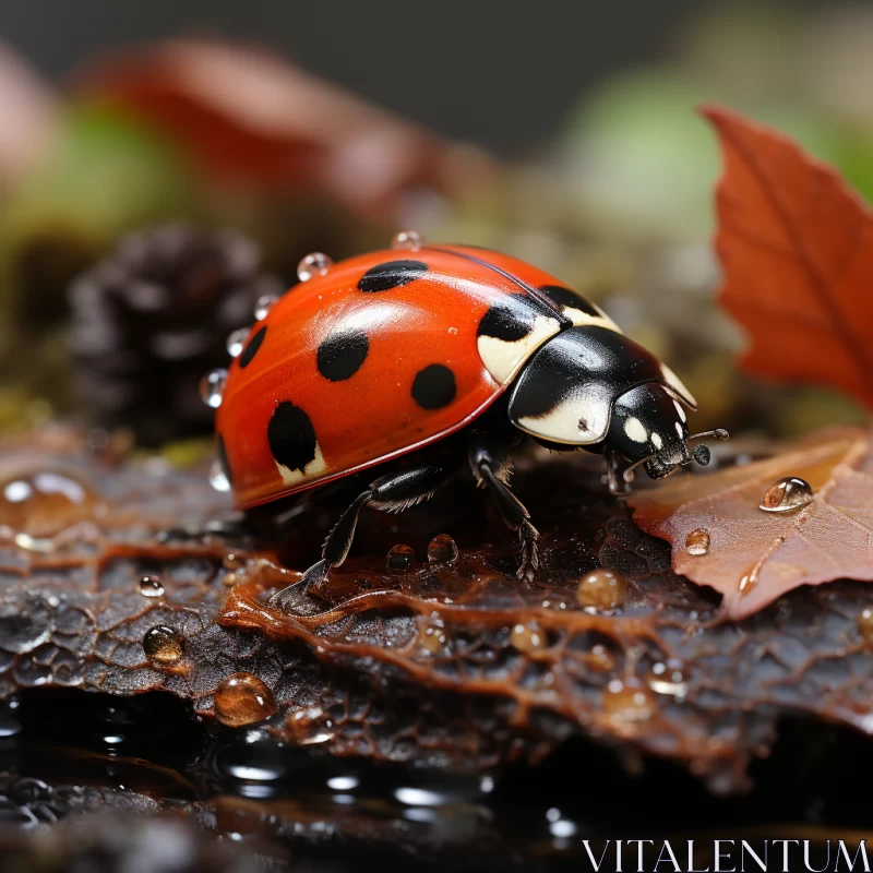 Detailed Wildlife: Ladybug on Leaf Amidst Water Droplets AI Image