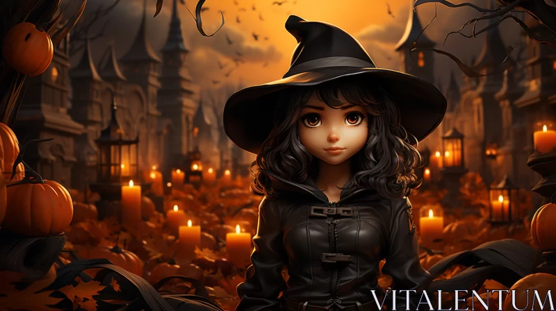 Enchanting Witch Among Pumpkins in 2D Game Art Style AI Image