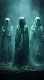 Mysterious Green Ghosts in Foggy Surroundings AI Image