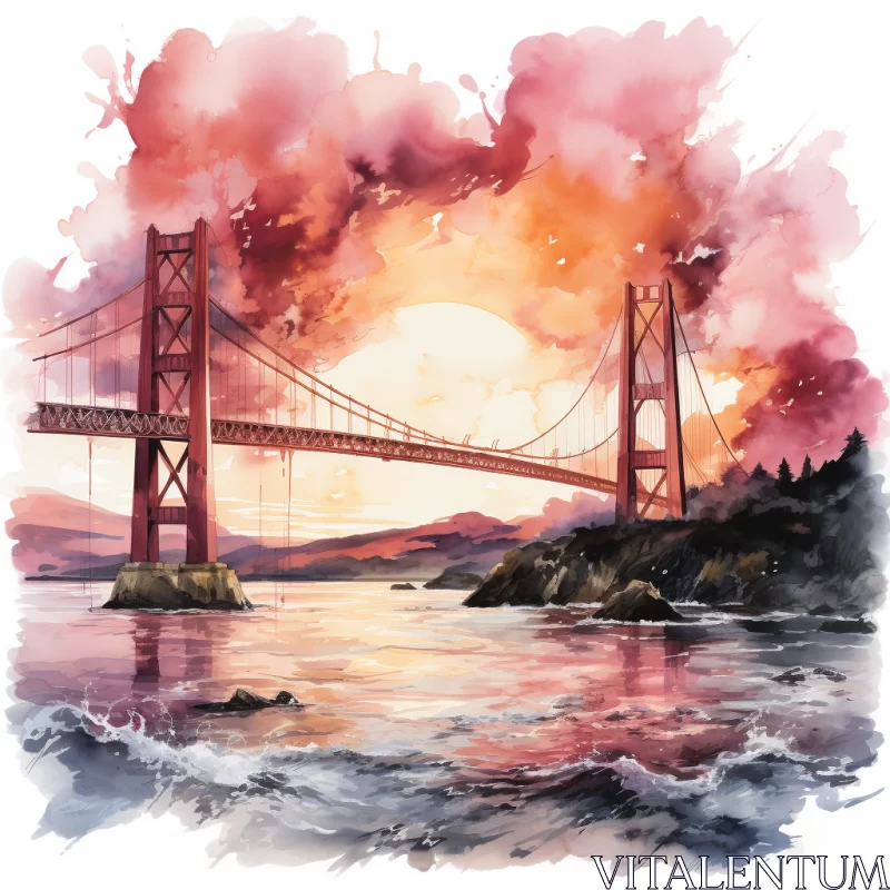 Watercolor Painting of Golden Gate Bridge at Sunset AI Image