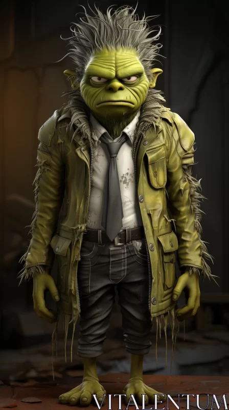 Green Alien Character in Stylish Suit - A Detailed Artistic Rendering AI Image