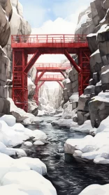 Winter Landscape with Red Bridge - Cartoon Realism Art AI Image