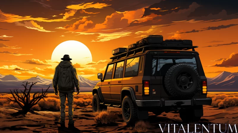 Man and Jeep in Desert - A Neo-Geo Realistic Figurative Illustration AI Image