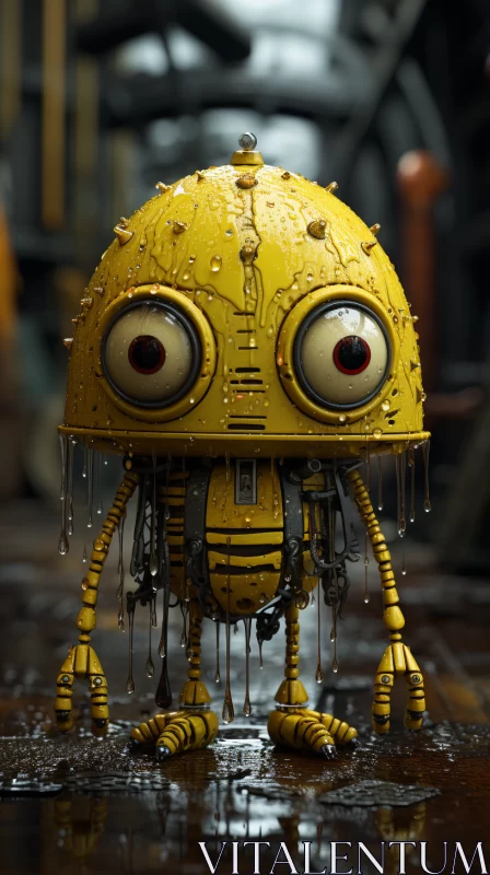 Intricate Steampunk Robot in Rainy Setting AI Image