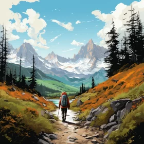Adventurous Hiker on Mountain Path: A Whistlerian Landscape Illustration AI Image