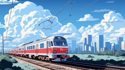 Retro-Futuristic Train in Bold Cityscape - Pop Art Style