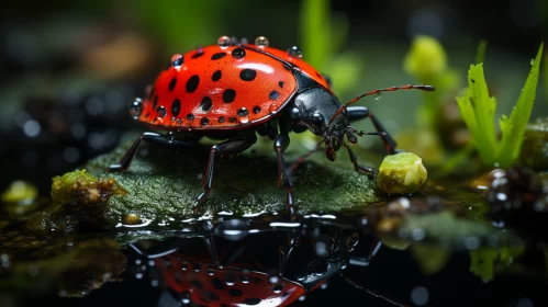 Contrasting Colors and Reflections: Ladybug Near Water AI Image