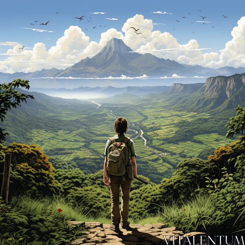 Boy Gazing at Mountain Range: A Digital Painting AI Image