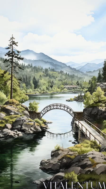 Serene Watercolor Illustration of a River Bridge near Mountains AI Image