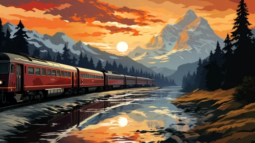 Vintage-Style Train Journey Through Colorful Mountain Landscape AI Image