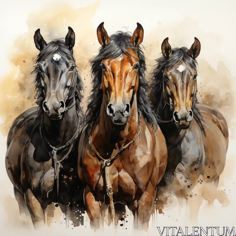 Captivating Watercolor Painting of Three Horses in Realistic Style AI Image