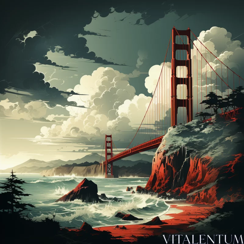 AI ART Golden Gate Bridge - A Stormy Seascape in 2D Game Art Style