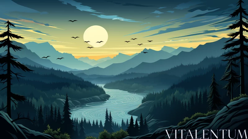 River and Mountains at Sunset: A Whistlerian Canvas Illustration AI Image