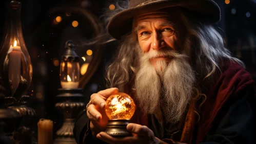 Enchanting Portrait of a Wizard Holding a Golden Ball AI Image