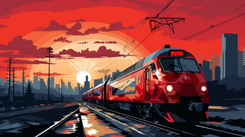 Red Train in Pop Art Style Cityscape Night Scene AI Image