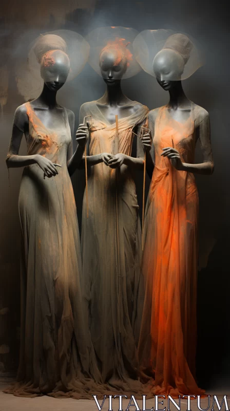 Mannequins in Orange Dresses: A Study of Gothic Romanticism and Luminism AI Image