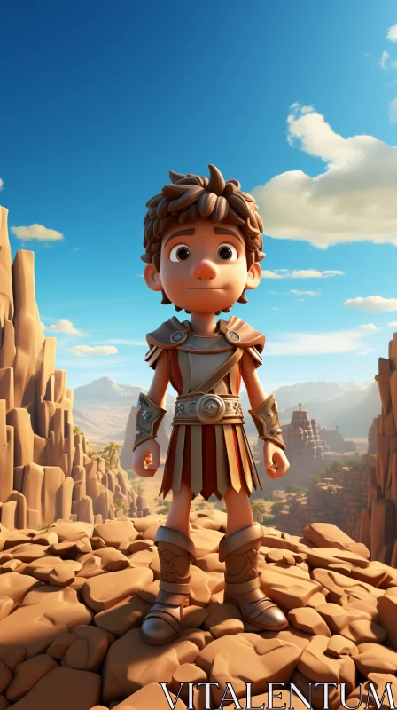 Cartoon Boy in Medieval Armor - Terracotta Tones and Cinematic Backdrop AI Image