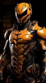 Orange and Black Superhero Armor in a Dark Hallway AI Image