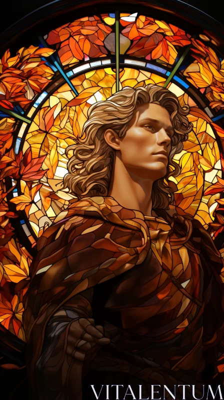 Medieval Knight Amidst Nature-Inspired Stained Glass Artistry AI Image