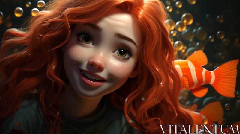 Enchanting Red-Haired Girl with Fish in Bubbles Illustration AI Image