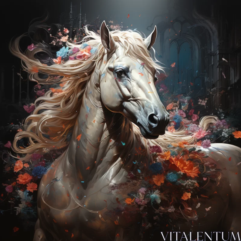 Fantasy Horse Adorned with Flowers in a Dark Ambiance AI Image