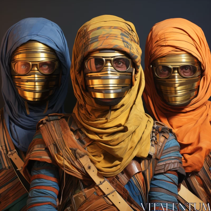 AI ART Post-Apocalyptic Futurism: Trio in Gold Masks and Headscarves